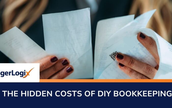 A person working on accounting with a calculator and papers, illustrating the hidden costs of DIY bookkeeping, with LedgerLogix offering professional solutions.